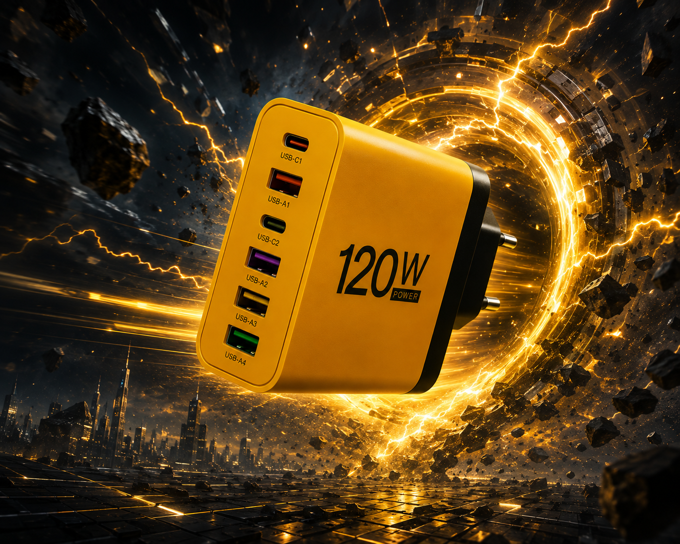 120W GaN зарядний пристрій у футуристичній сцені